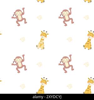Kindermotiv mit Babytieren. Niedliche Safari afrikanische Tiere mit Pflanzendruck. Kindliches nahtloses Muster für Kinderzimmer und Textil für Kinder Stock Vektor