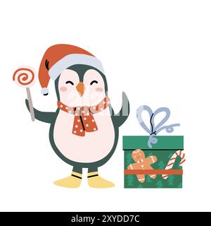 Kinder niedliche Weihnachtspinguinfigur, lächelnde Person mit Geschenk. Happy Holidays Konzept Design. Weihnachtsfeier und Silvester-Comicfeier Stock Vektor
