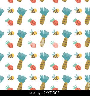 Kindermotiv mit Babytieren. Niedliche Safari afrikanische Tiere mit Pflanzendruck. Kindliches nahtloses Muster für Kinderzimmer und Textil für Kinder Stock Vektor