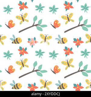 Kindermotiv mit Babytieren. Niedliche Safari afrikanische Tiere mit Pflanzendruck. Kindliches nahtloses Muster für Kinderzimmer und Textil für Kinder Stock Vektor