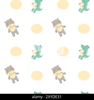 Kindermotiv mit Babytieren. Niedliche Safari afrikanische Tiere mit Pflanzendruck. Kindliches nahtloses Muster für Kinderzimmer und Textil für Kinder Stock Vektor