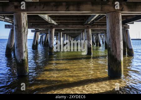 Blick unter dem Sopot Pier auf die Ostsee in Polen, der längste Holzpier in Europa, Fluchtpunkt Perspektive Stockfoto