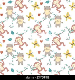 Kindermotiv mit Babytieren. Niedliche Safari afrikanische Tiere mit Pflanzendruck. Kindliches nahtloses Muster für Kinderzimmer und Textil für Kinder Stock Vektor