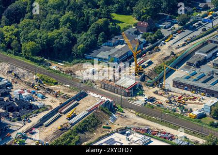 Luftbild, Vollsperrung der Autobahn A40 am Ersatzneubau und Brückenbau Schlachthofbrücke über die Bahnschienen am Schlachthof, Hamme, Bochum, Ruhrgebiet, Nordrhein-Westfalen, Deutschland ACHTUNGxMINDESTHONORARx60xEURO *** Luftaufnahme, vollständige Sperrung der Autobahn A40 beim Neubau der Ersatz- und Brückenbrücke über die Gleise Schlachthof, Hamme, Bochum, Ruhrgebiet, Nordrhein-Westfalen, Deutschland ATTENTIONxMINDESTHONORARx60xEURO Stockfoto