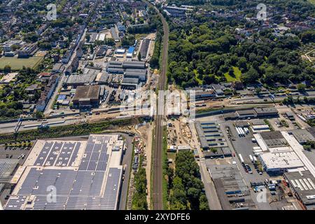 Luftbild, Vollsperrung der Autobahn A40 am Ersatzneubau und Brückenbau Schlachthofbrücke über die Bahnschienen am Schlachthof, Hamme, Bochum, Ruhrgebiet, Nordrhein-Westfalen, Deutschland ACHTUNGxMINDESTHONORARx60xEURO *** Luftaufnahme, vollständige Sperrung der Autobahn A40 beim Neubau der Ersatz- und Brückenbrücke über die Gleise Schlachthof, Hamme, Bochum, Ruhrgebiet, Nordrhein-Westfalen, Deutschland ATTENTIONxMINDESTHONORARx60xEURO Stockfoto