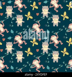Childrens fashion pattern with baby animals. Cute safari african animals with plant - print. Childish seamless pattern for nursery design, kids textil Stock Vektor