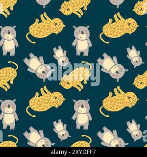 Kindermotiv mit Babytieren. Niedliche Safari afrikanische Tiere mit Pflanzendruck. Kindliches nahtloses Muster für Kinderzimmer und Textil für Kinder Stock Vektor