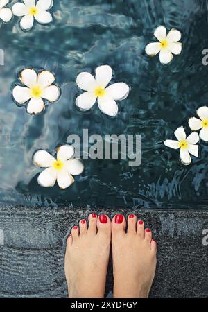 Schöne Frauen Füsse in Swimmingpool mit weißem frangipani Blüten Stockfoto