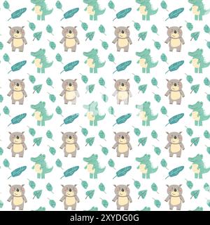 Childrens fashion pattern with baby animals. Cute safari african animals with plant - print. Childish seamless pattern for nursery design, kids textile, boys and girls fabric apparel. Stock Vektor
