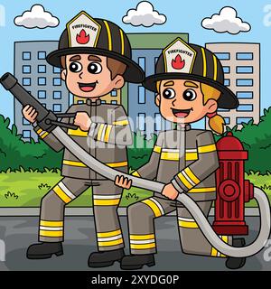 Feuerwehrleute mit einem Feuerhydranten farbigen Cartoon Stock Vektor