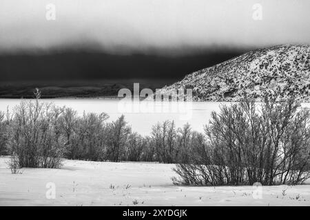 Schlechtes Wetter über dem gefrorenen See Tornetraesk, Norrbotten, Lappland, Schweden, Januar 2014, Europa Stockfoto