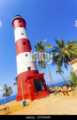 Kovalam, Indien, 1. März 2015: Nahaufnahme des rot-weiß gestreiften Leuchtturms, umgeben von Palmen am Kovalem Beach in Kerala, Asien Stockfoto