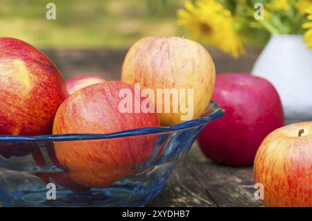 Rote Äpfel in einer Obstschale auf einem Gartentisch. Eine Vase voller Blumen im Hintergrund. Sommergefühl. Äpfel in einer Obstschale aus Glas. Sommergefühl Stockfoto