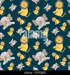 Childrens fashion pattern with baby animals. Cute safari african animals with plant - print. Childish seamless pattern for nursery design, kids textile, boys and girls fabric apparel. Stock Vektor