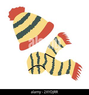 Strickmütze und Schal für den Winter in roten und gelben Farben. Handgezeichnete Kinderkopfbekleidung im flachen Cartoon-Stil. Stock Vektor