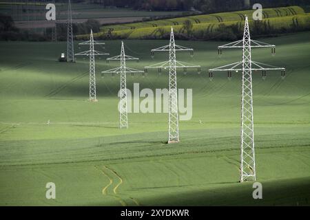 Überlandstromleitung im nördlichen Lippesgebirge Stockfoto