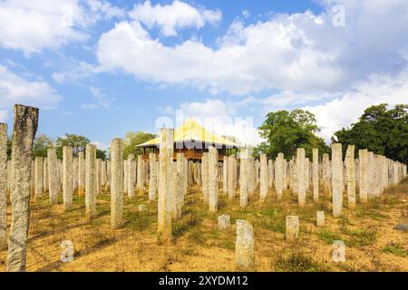 Eckansicht der ursprünglichen Steinsäulen, die an den Ruinen des Brazen Palastes oder Lovamahapaya an einem wolkigen blauen Himmel im alten Anuradhapura C erhalten bleiben Stockfoto