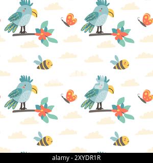 Childrens fashion pattern with baby animals. Cute safari african animals with plant - print. Childish seamless pattern for nursery design, kids textile, boys and girls fabric apparel. Stock Vektor