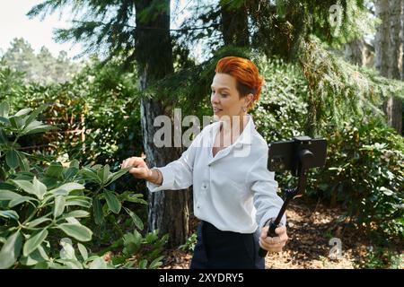 Eine Frau filmt ein Video, das Laub in einem sonnendurchfluteten Gelände berührt. Stockfoto