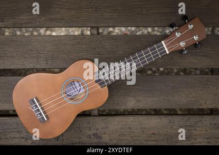 Ukulele und auf einer hölzernen Parkbank im Sommer, Grünfläche im verschwommenen Hintergrund Stockfoto