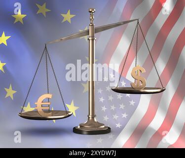 Bronzefarbene Skalen mit US-Dollar- und Euro-Symbolen konzeptionelle fotorealistische 3D-Illustration Stockfoto