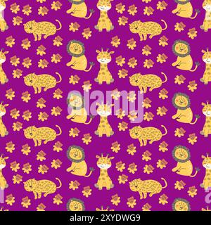 Childrens fashion pattern with baby animals. Cute safari african animals with plant - print. Childish seamless pattern for nursery design, kids textile, boys and girls fabric apparel. Stock Vektor