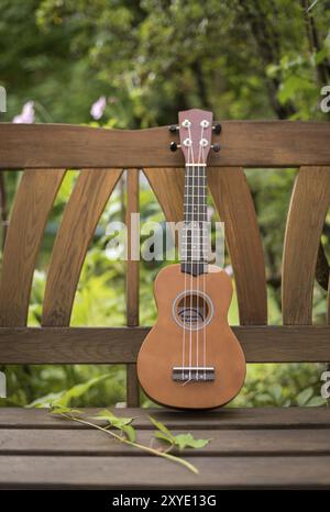 Ukulele auf einer hölzernen Parkbank im Sommer, Grünfläche im verschwommenen Hintergrund Stockfoto