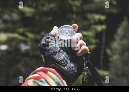 Eine Hand mit Handschuhen hält einen magnetischen Kompass vor dem Hintergrund eines Nadelwaldes. Das Konzept der Outdoor-Navigation Stockfoto