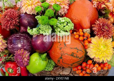 Festliche Herbstdekoration mit Kürbissen, Beeren und Flowes Stockfoto