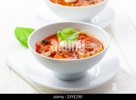 Köstliche Minestrone-Suppe mit Mozzarella und Basilikum Stockfoto