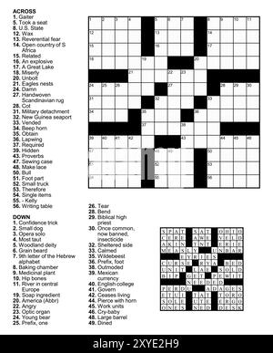 American Crossword Puzzle Spiel mit 13 x 13 Quadraten mit Hinweisen und Lösung. Stock Vektor