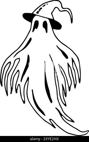 Gruseliger Geist im Hut. Halloween Grafik Illustration. Handgezeichnete Silhouette der isolierten Linie. Monochrome, gruselige Monster Clipart für Tattoo, Urlaub, Horror Stock Vektor