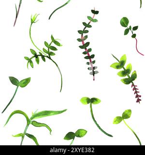 Eine nahtlose Muster mit grünen Aquarell Zweige und Blätter, einen wiederholungsdruck mit neuen Frühling Pflanzen auf weißem Hintergrund Stockfoto