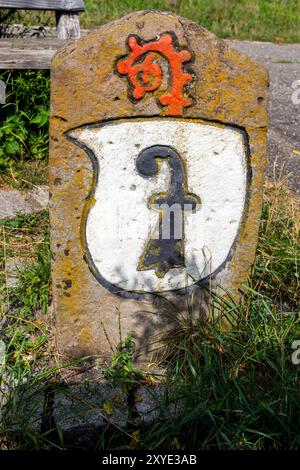 Grenzstein Nr. 38 von 1491, Wappen Basel-Stadt, Riehen/weil am Rhein. Riehen. Schweiz/Deutschland. Stockfoto