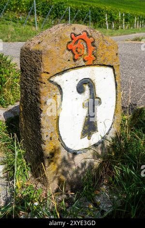 Grenzstein Nr. 38 von 1491, Wappen Basel-Stadt, Riehen/weil am Rhein. Riehen. Schweiz/Deutschland. Stockfoto