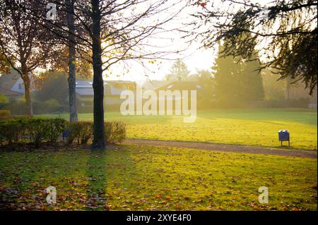 Park in der Morgensonne mit Müllbehaelter Stockfoto