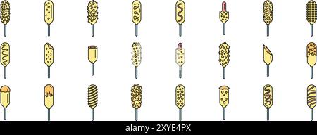 Set aus verschiedenen Maishunden mit verschiedenen Belägen, die in Senf oder Schokolade getaucht werden Stock Vektor