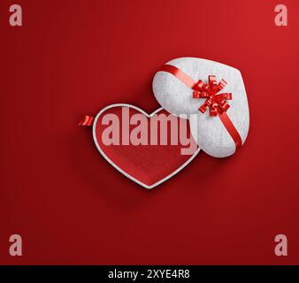 Überraschungs-Geschenkbox die Herzform steht für Liebe und Fürsorge während Valentinstag, Weihnachten und Neujahr auf rotem Hintergrund, 3d-Rendering. Stockfoto
