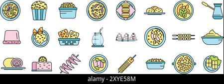 Brasilianische Lebensmittel-Symbole Set. Umrisssatz von brasilianischen Lebensmittel Vektor-Symbole dünne Linie Farbe flach auf weiß Stock Vektor
