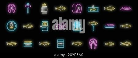 Leuchtende Neonlinien-Symbole für Heringsfische, Filet, Faß, Dose und andere Elemente für Ihr Design Stock Vektor