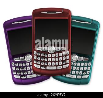 Drei farbenfrohe BlackBerry 8310 Curve Smartphones isolierte Silhouette auf weißem Hintergrund, digital verbessertes Bild Stockfoto