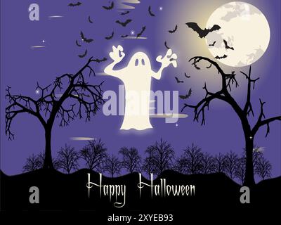 Ein Halloween-Poster mit einem Geist und Fledermäusen, die am Himmel fliegen. Auf dem Poster steht und mit dem Titel „Happy Halloween“ in einfarbiger Schrift hervorgehoben Stock Vektor