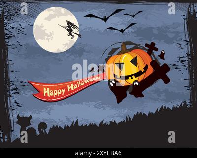 Eine Hexe, die auf einem Besen fliegt, mit einem Kürbis in der Hand. Der Kürbis lächelt und die Hexe fliegt auf ein Banner, auf dem Happy Halloween steht Stock Vektor