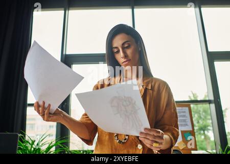 Eine schöne Frau aus dem Nahen Osten mit brünetten Haaren arbeitet in einem hellen Büro und überprüft Dokumente. Stockfoto