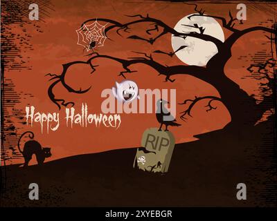 Ein Halloween-Poster mit einem gruseligen Baum und einem Schädel. Da ist ein Skelett am Boden und ein Geist fliegt in der Luft Stock Vektor