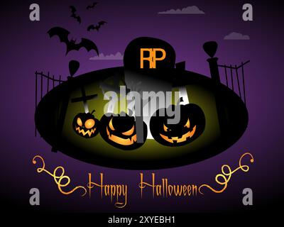 Ein Halloween-Schild Rip mit Kürbissen und Fledermäusen. Auf dem Schild steht „Happy Halloween“ und ist violett und schwarz Stock Vektor