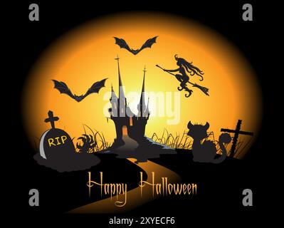 Ein Halloween-Poster mit einer Hexe, die über einen Friedhof fliegt. Das Poster hat eine dunkle und gruselige Stimmung. Auf dem Poster steht "Happy Halloween" Stock Vektor