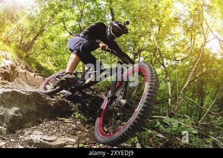 Ein junger Fahrer auf einem Fahrrad, der bergab fährt, steigt die Felsen im Wald ab Stockfoto