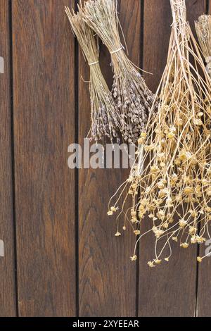 Getrocknete Kräuter auf einem alten, braunen Holztür Hintergrund mit Copyspace Stockfoto