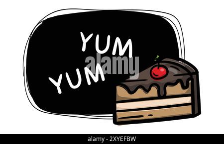 Schwarzes Etikett mit Kuchen und den Worten Yum Yum Yum. Vorlage für Preisschild, Etikett, Aufkleber. Menügestaltung für Café und Restaurant Stock Vektor
